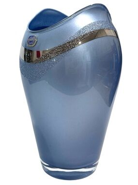 Vintage 1980s Bohemia Crystal Modernist Blue Vase Silver Overlay Czech Republic